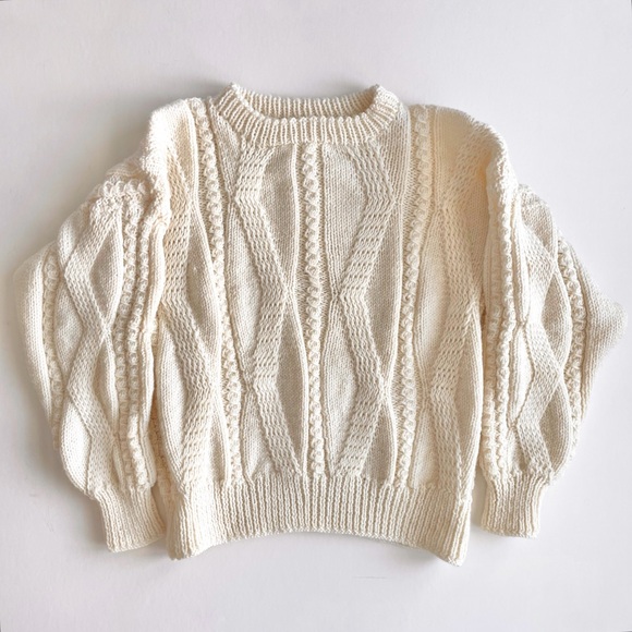 Hand Knit Wool Ivory Chunky Cable Knit Oversized Sweater - Picture 1 of 5